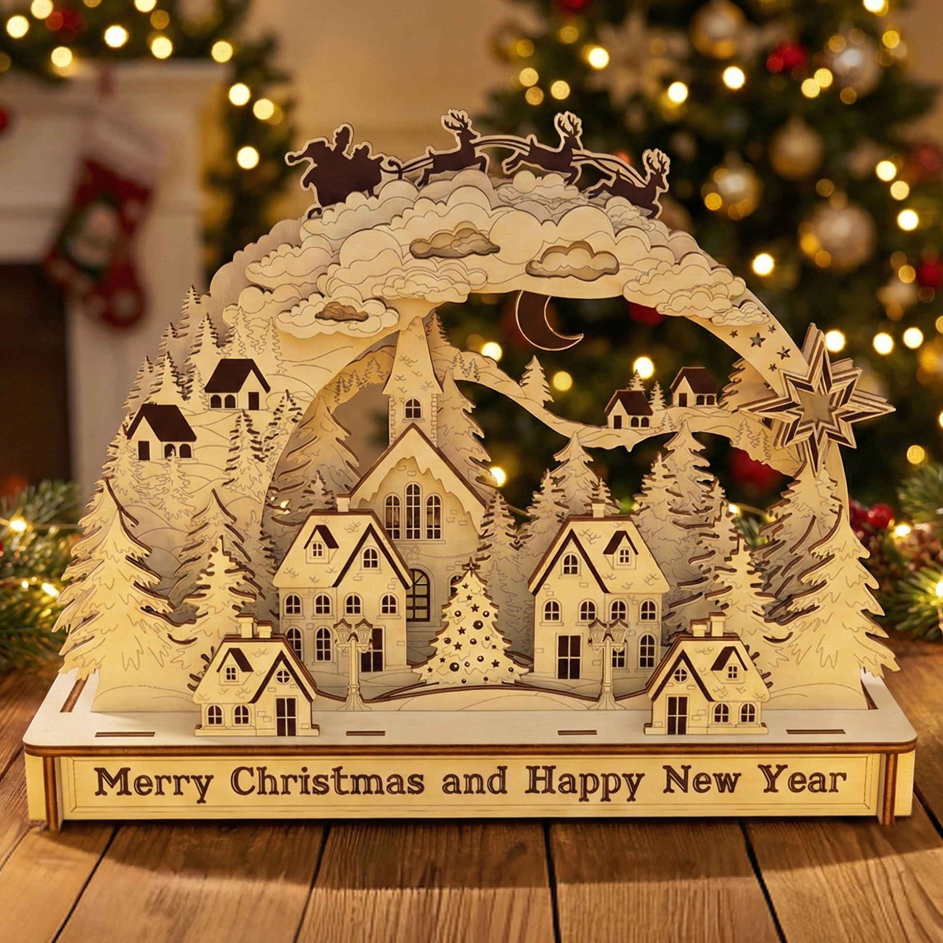 Laser cut wooden Christmas Arch Town miniature arch featuring a layered winter village, church, Santa’s sleigh flying overhead, and "Merry Christmas and Happy New Year" inscription, displayed against a softly blurred Christmas tree background.