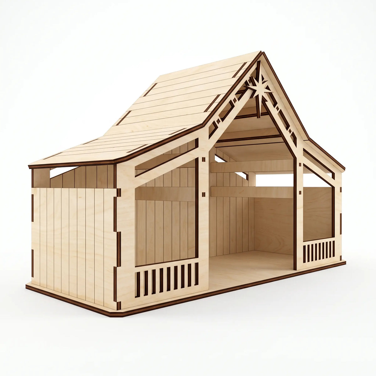 Angled perspective of empty laser cut plywood nativity barn with carved star and slatted pens on white.
