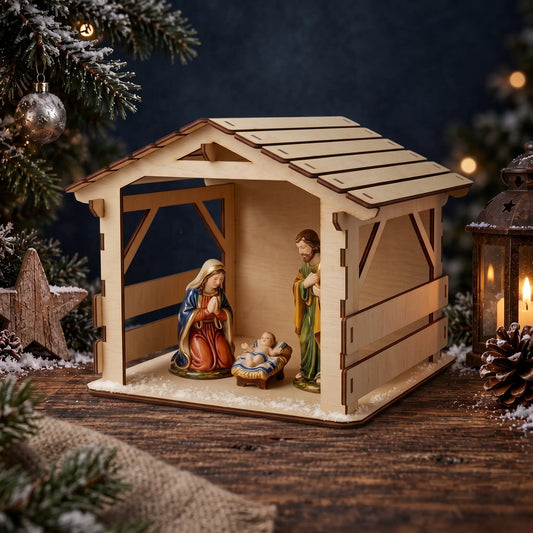 Laser cut plywood nativity barn sheltering holy family figurines on rustic wood table near candle lantern and pine