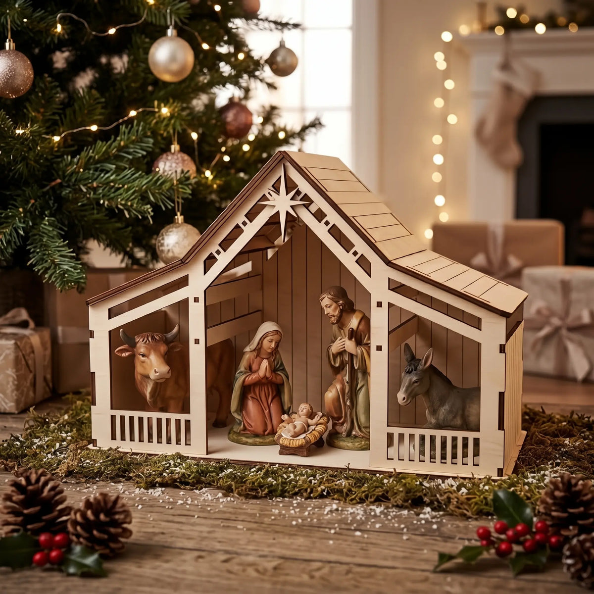 Laser cut plywood nativity creche with holy family figures on mossy wood table in front of Christmas tree.