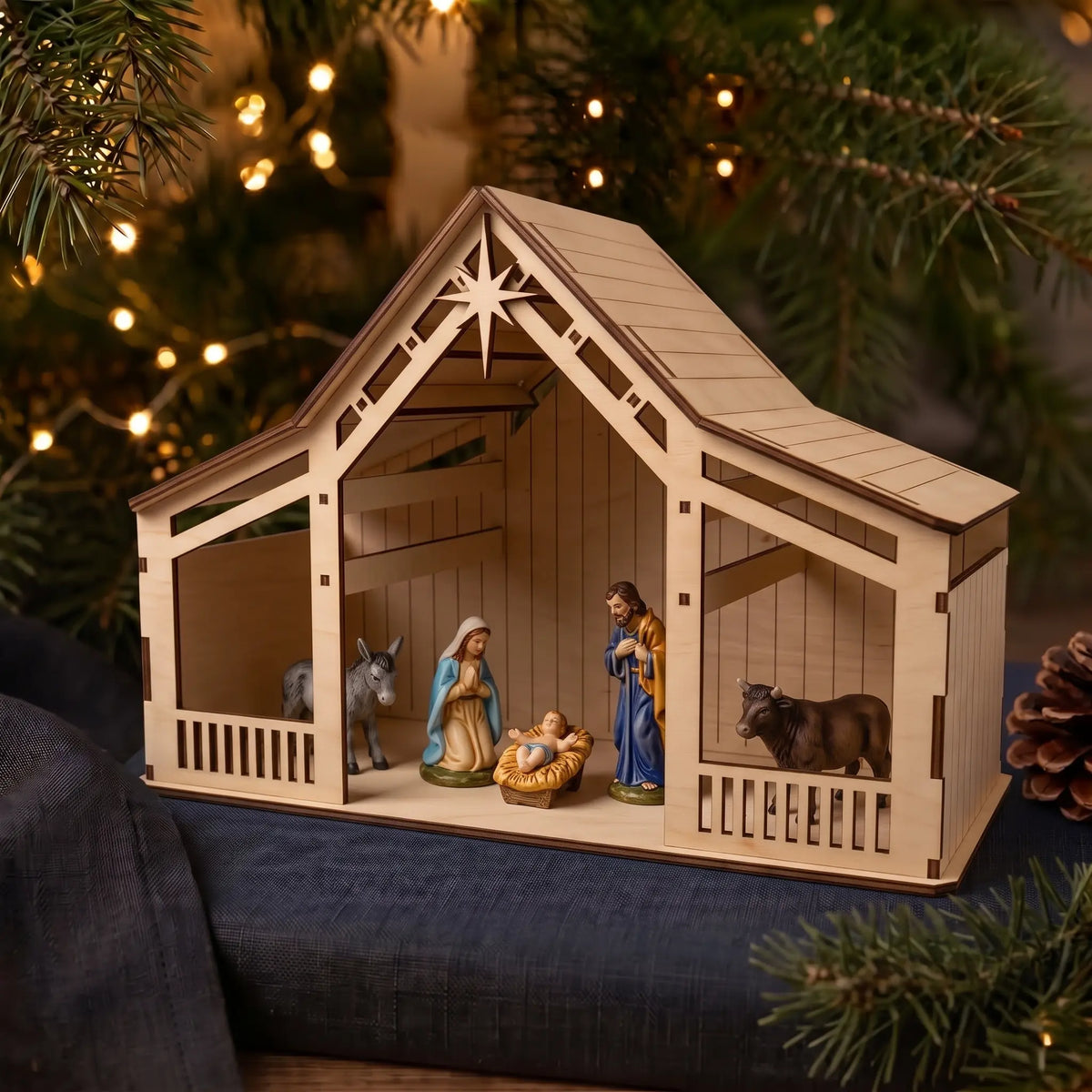 Laser cut plywood nativity stable with ceramic holy family figurines against pine tree and warm fairy lights.