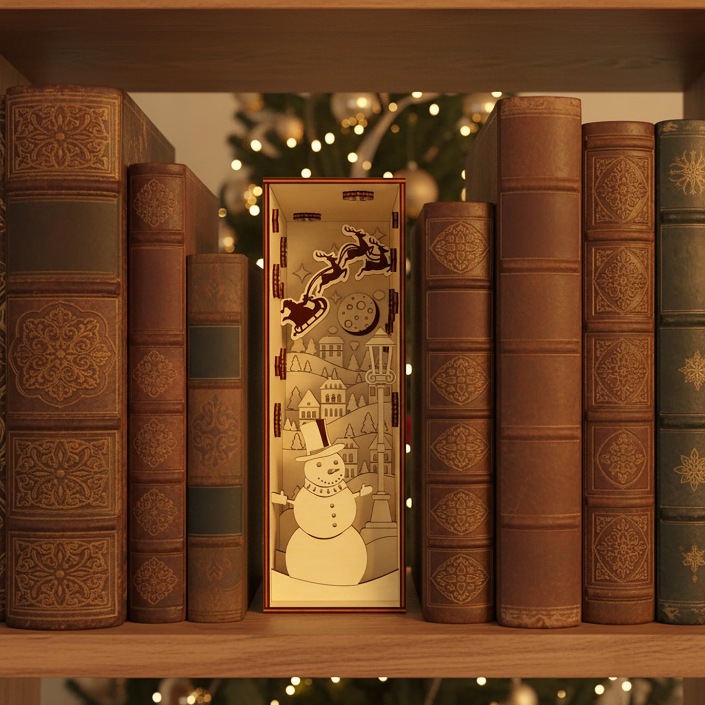 Intricate laser cut Christmas Book Nook with layered winter scene of a smiling snowman, flying reindeer and illuminated village rooftops, placed on a bookshelf against a cozy festive bokeh background.