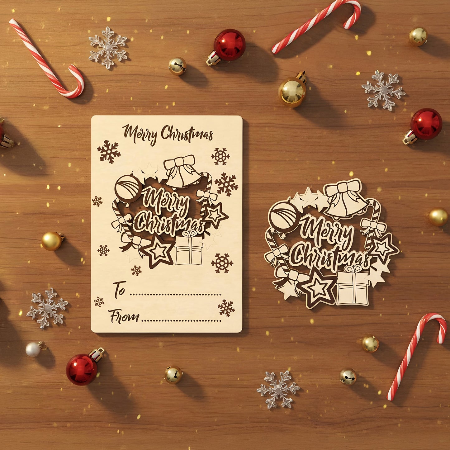 Delicate laser cut wooden Christmas card and tag set displaying elegant "Merry Christmas" lettering surrounded by festive bells, candy canes, presents and snowflakes, presented on a cozy wooden surface.