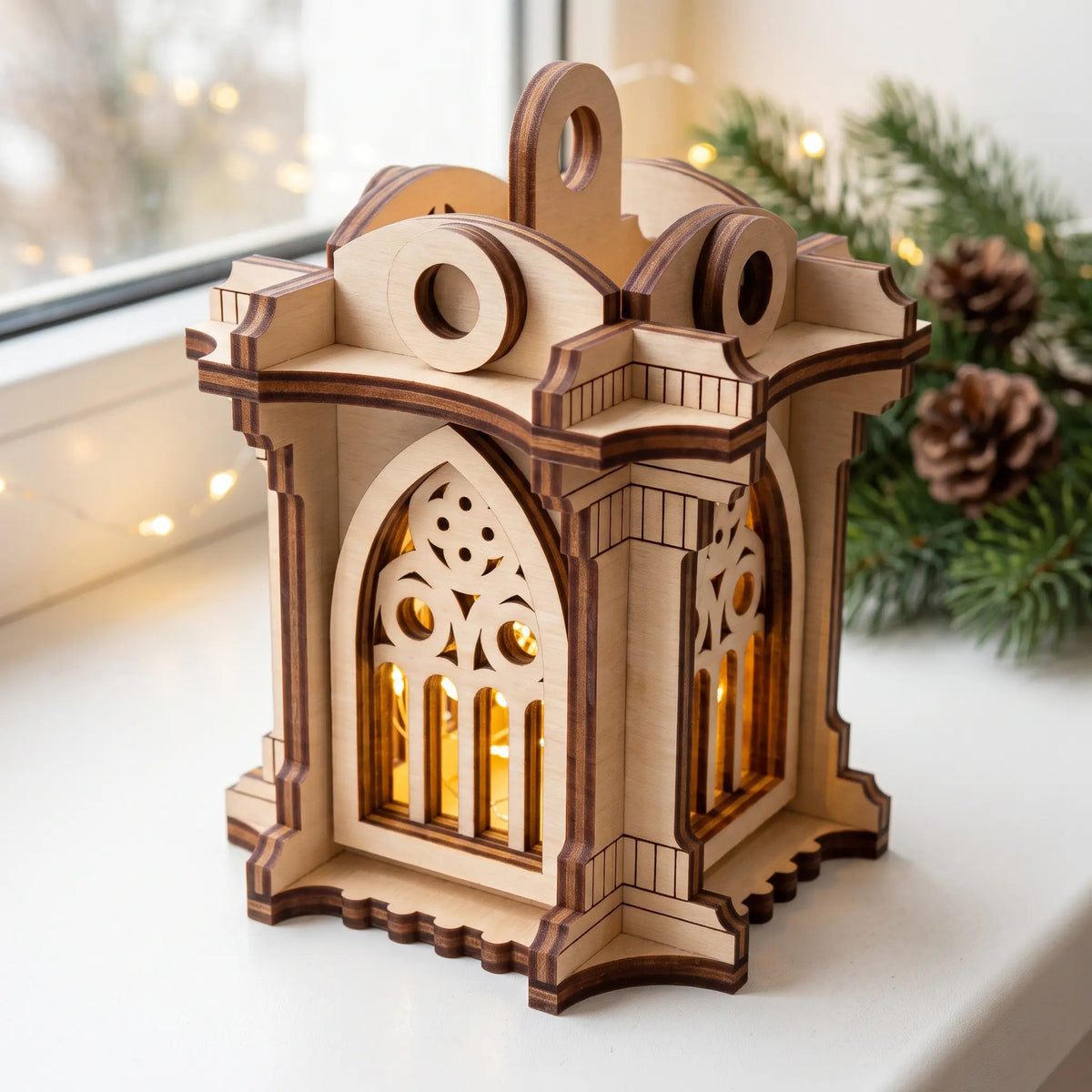 Illuminated laser cut plywood gothic lantern ornament with arched lattice windows standing on cozy winter windowsill.