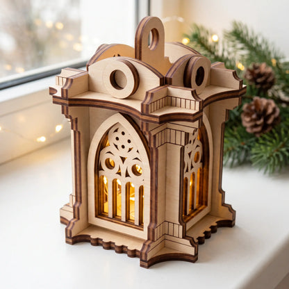 Illuminated laser cut plywood gothic lantern ornament with arched lattice windows standing on cozy winter windowsill.