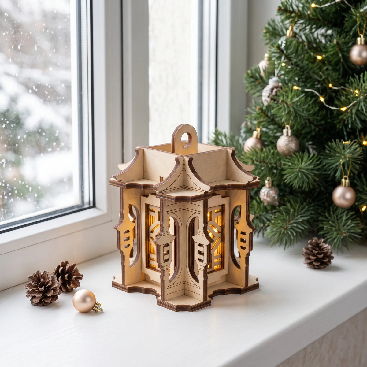 Laser cut plywood Asian pagoda lantern with glowing windows on white windowsill beside decorated Christmas pine tree.