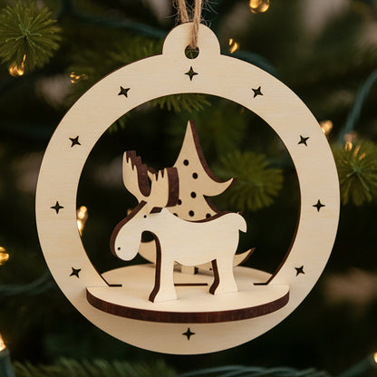 Laser cut wooden Christmas Deer Ornament with a charming layered Deer carrying a dotted Christmas tree inside a star-cut circle frame, displayed against a twinkling Christmas tree background.