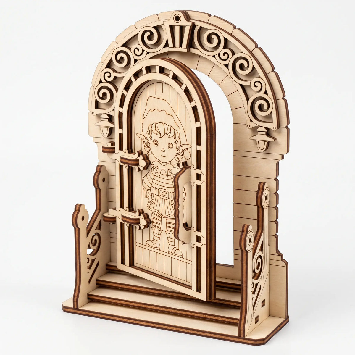 3D laser cut plywood elf door model showing opened engraved door panel and entrance staircase on white background