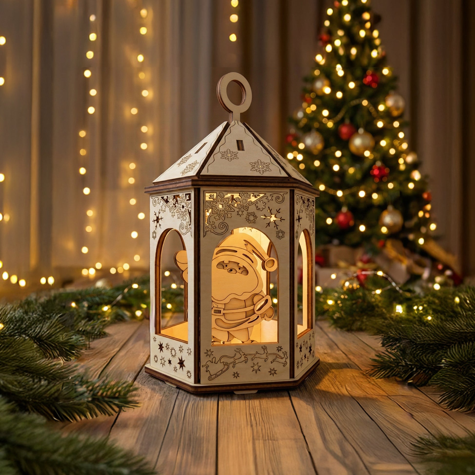 Illuminated laser cut wooden Christmas gazebo with detailed festive engravings of stars, snowflakes, and Santa Claus, shown in front of a twinkling holiday tree background.