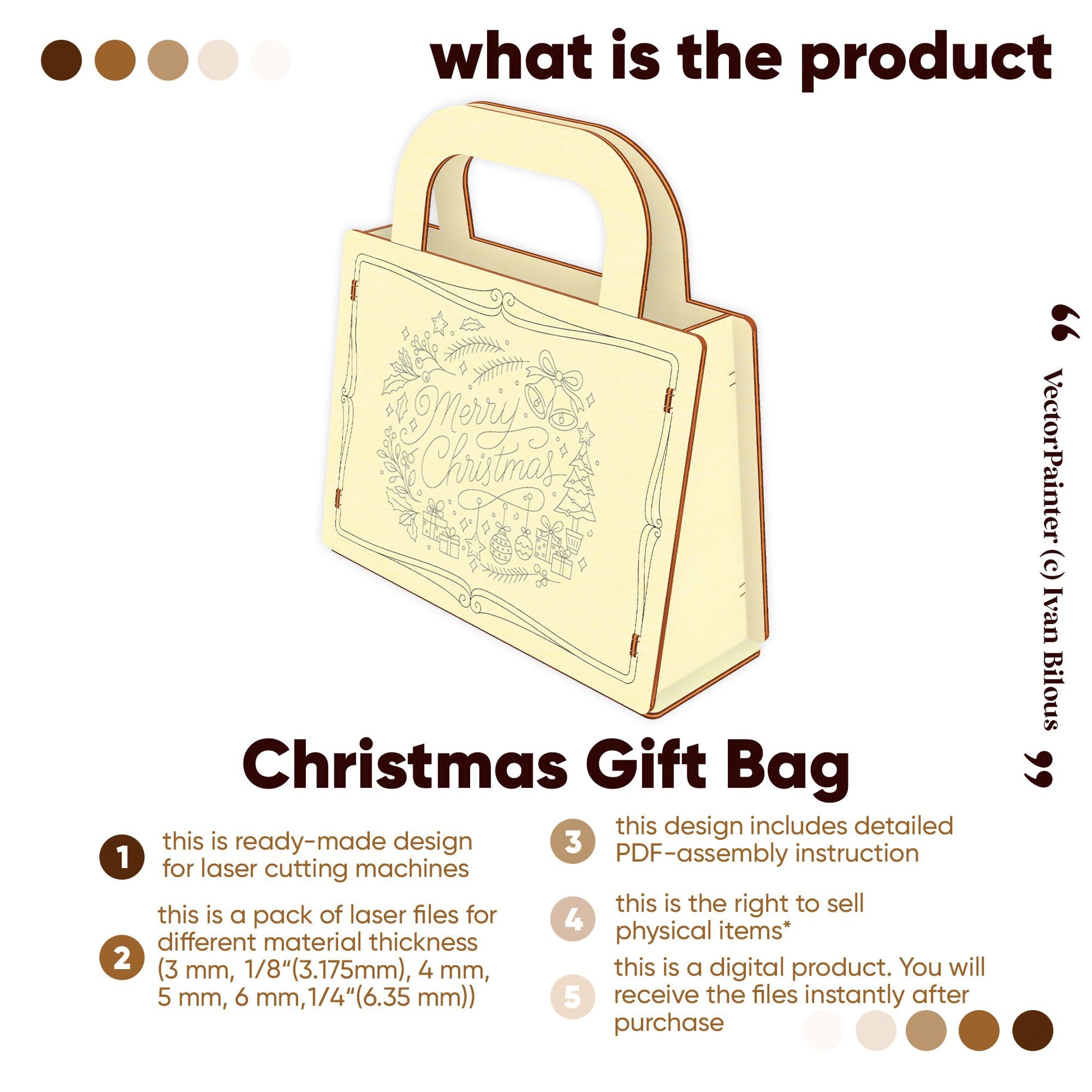 Digital design of a Christmas gift bag for laser cut plywood. Includes multiple file versions and assembly instructions