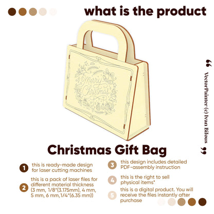 Digital design of a Christmas gift bag for laser cut plywood. Includes multiple file versions and assembly instructions