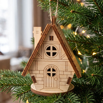 Laser cut plywood cozy house ornament with chimney hanging by twine string among green spruce needles and fairy lights.