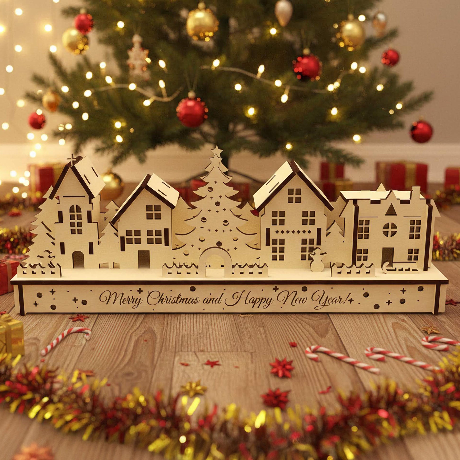 
Laser cut wooden Christmas houses village with snow-covered roofs, a central Christmas tree, and "Merry Christmas and Happy New Year" engraving, displayed against a softly blurred Christmas tree background.