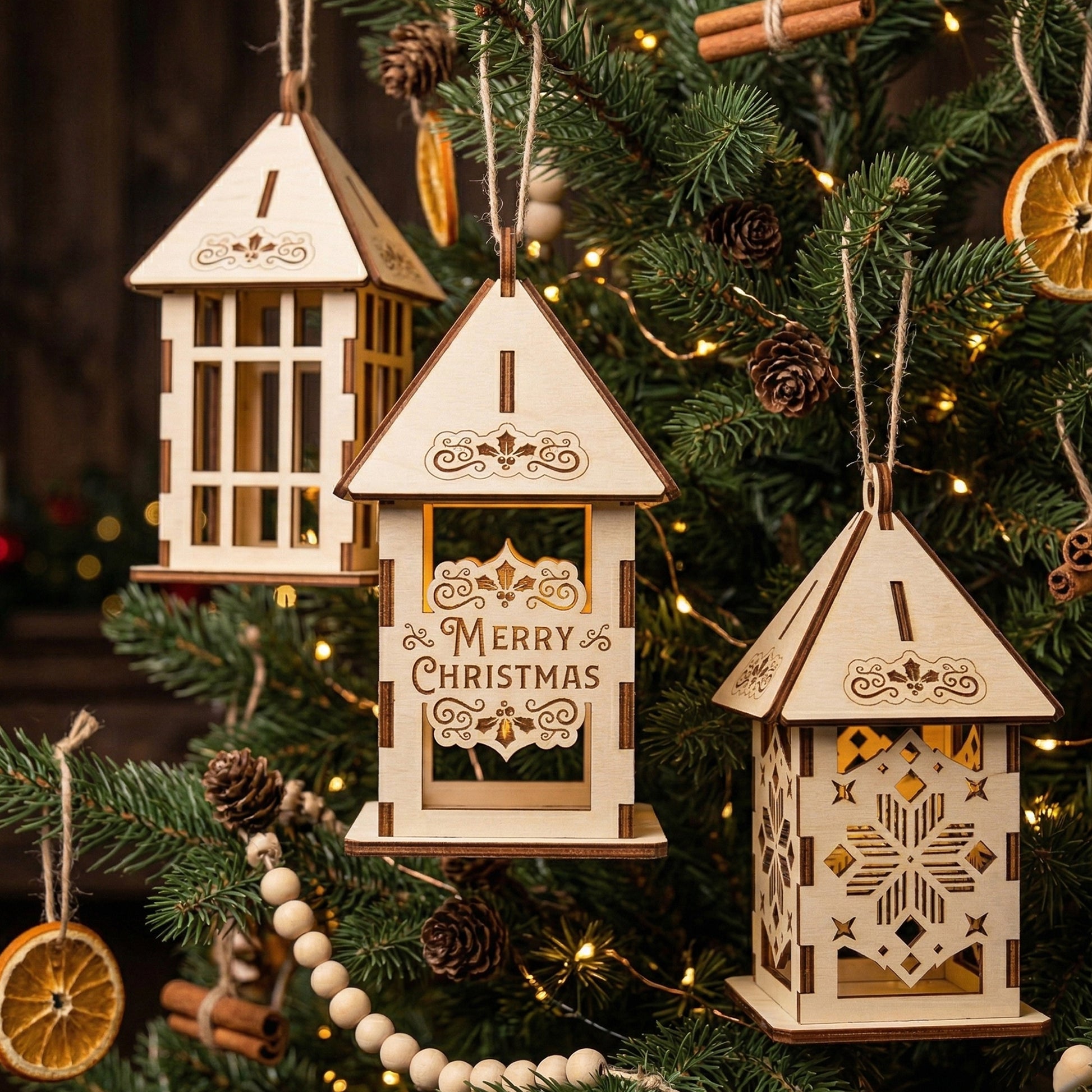 Three unique 3D laser-cut wooden lantern ornaments hanging together on a Christmas tree. One features a "Merry Christmas" engraving, another has snowflake cutouts, and the third a lattice frame. All are illuminated with a soft warm light for a cozy festive atmosphere.