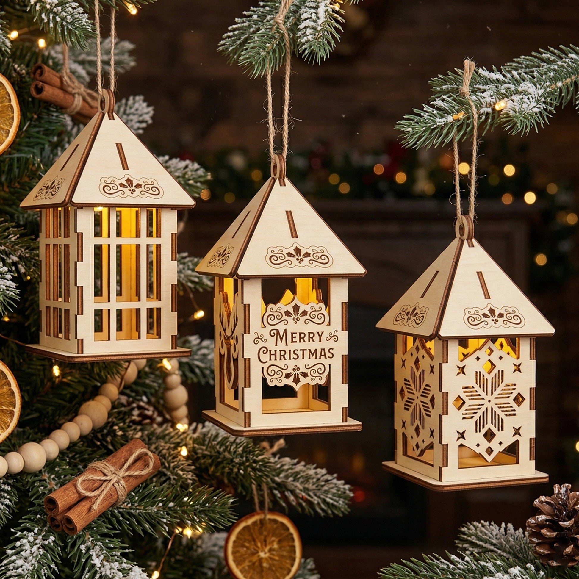 A set of three laser-cut plywood Christmas lanterns showing various designs: snowflake cutouts, a "Merry Christmas" greeting, and a traditional lattice style. The ornaments are hanging on a tree against a warm, blurred fireplace background.