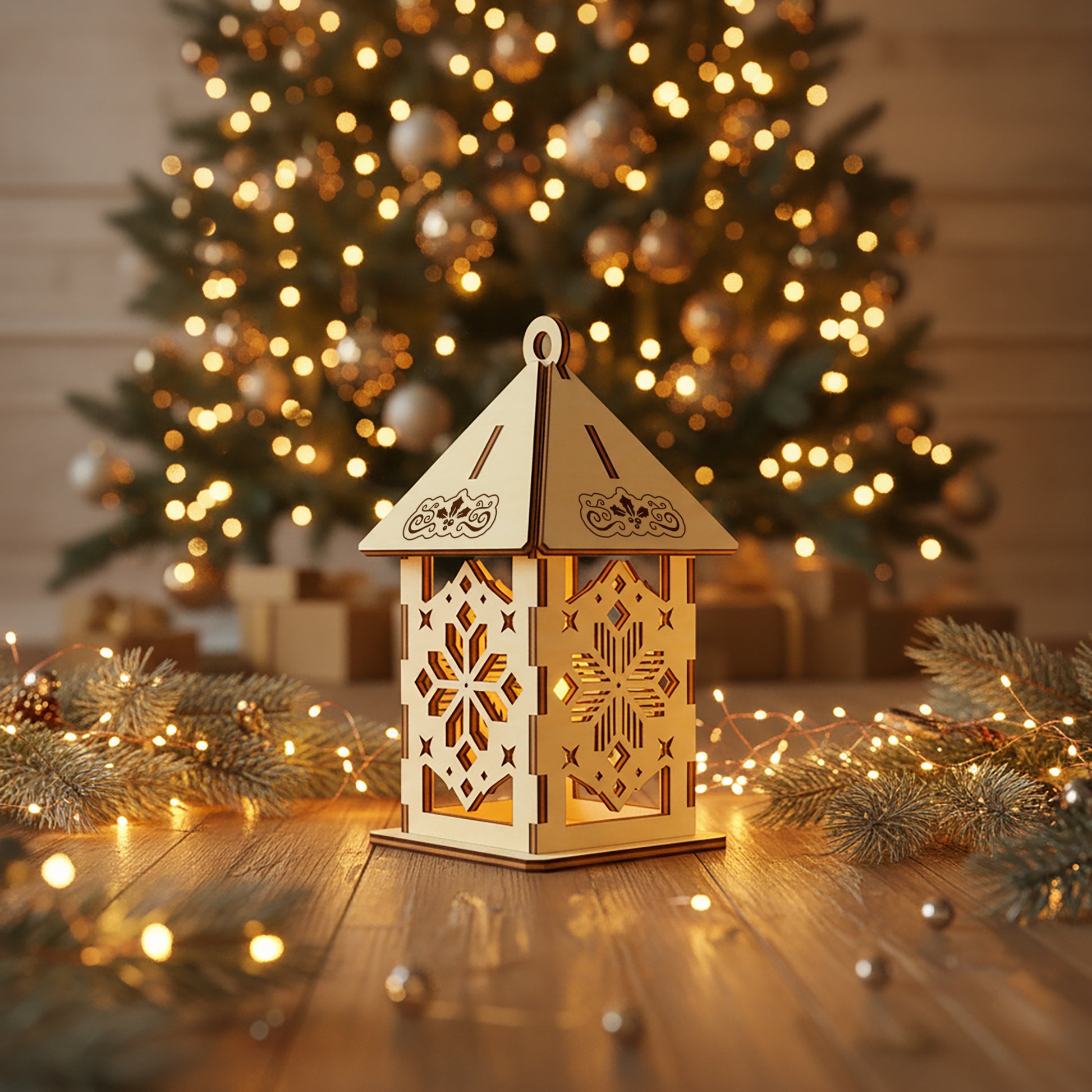 Delicate laser cut Christmas Lamp 3 featuring elegant layered snowflake patterns on a hanging lantern design, set against a soft golden Christmas lights background.