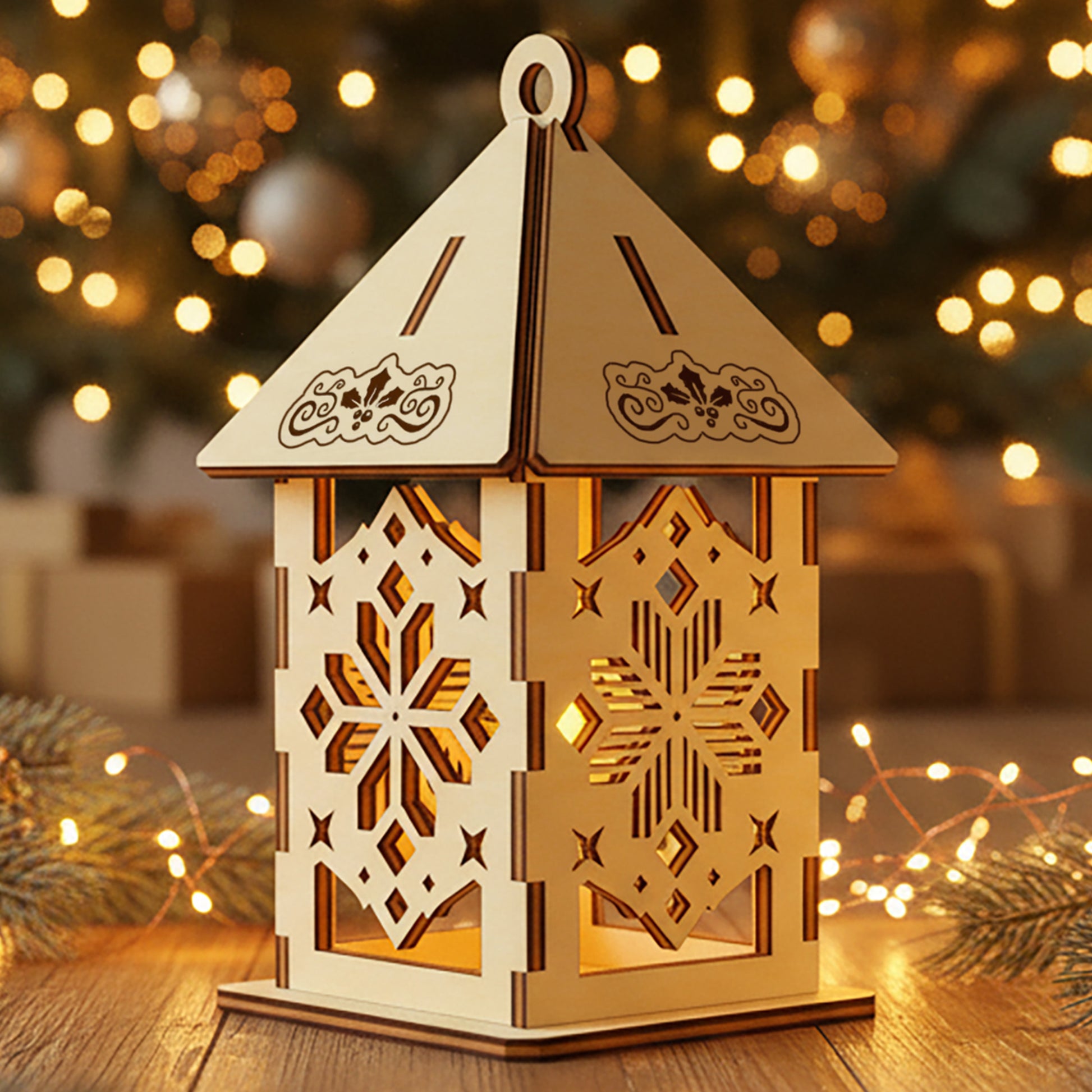 
Laser cut wooden Christmas Lamp 3 with intricate snowflake cut-out panels that create a warm glowing effect, displayed against a festive Christmas tree bokeh background.