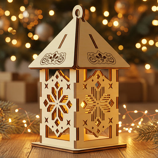 
Laser cut wooden Christmas Lamp 3 with intricate snowflake cut-out panels that create a warm glowing effect, displayed against a festive Christmas tree bokeh background.