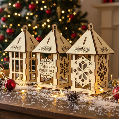 Laser cut wooden Christmas Lamp Set with intricate glowing nativity and winter patterns, displayed against a soft festive Christmas tree lights background.