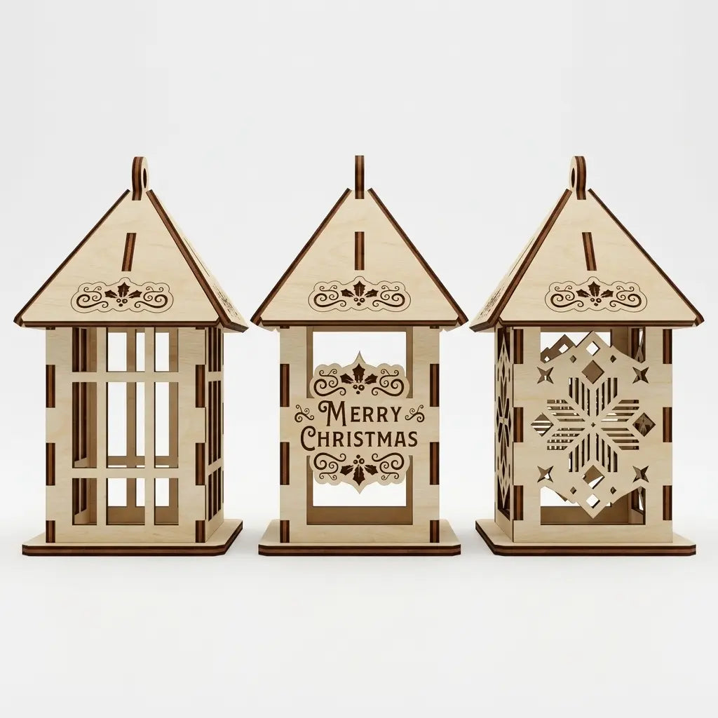 Row of three laser cut plywood lanterns showing window grid, Merry Christmas text, and snowflake art.