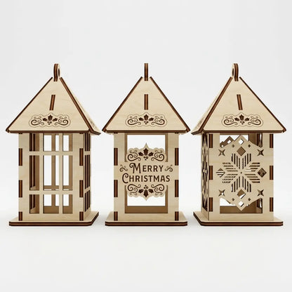 Row of three laser cut plywood lanterns showing window grid, Merry Christmas text, and snowflake art.