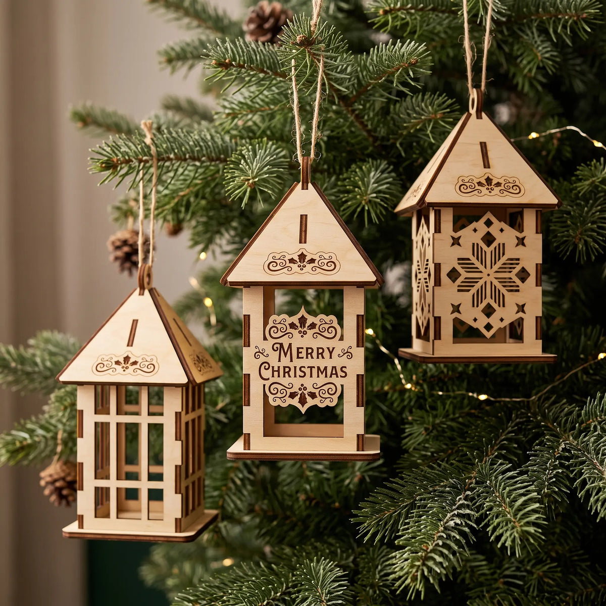 Trio of laser cut plywood lanterns with holiday engravings hanging on pine branch against warm lights.