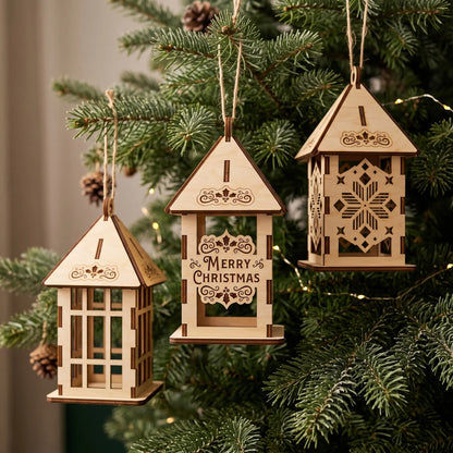Trio of laser cut plywood lanterns with holiday engravings hanging on pine branch against warm lights.