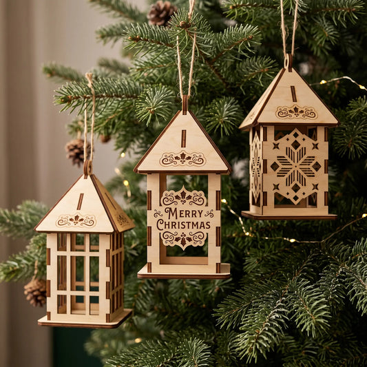 Trio of laser cut plywood lanterns with holiday engravings hanging on pine branch against warm lights.