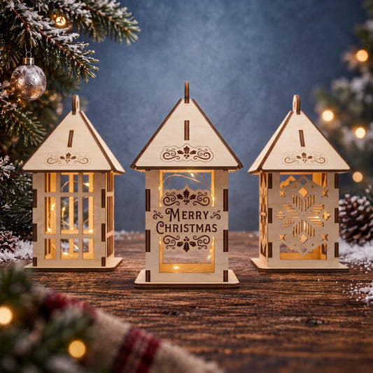 Lit laser cut plywood mini lanterns on rustic wooden table with fairy lights inside, next to snow cone.