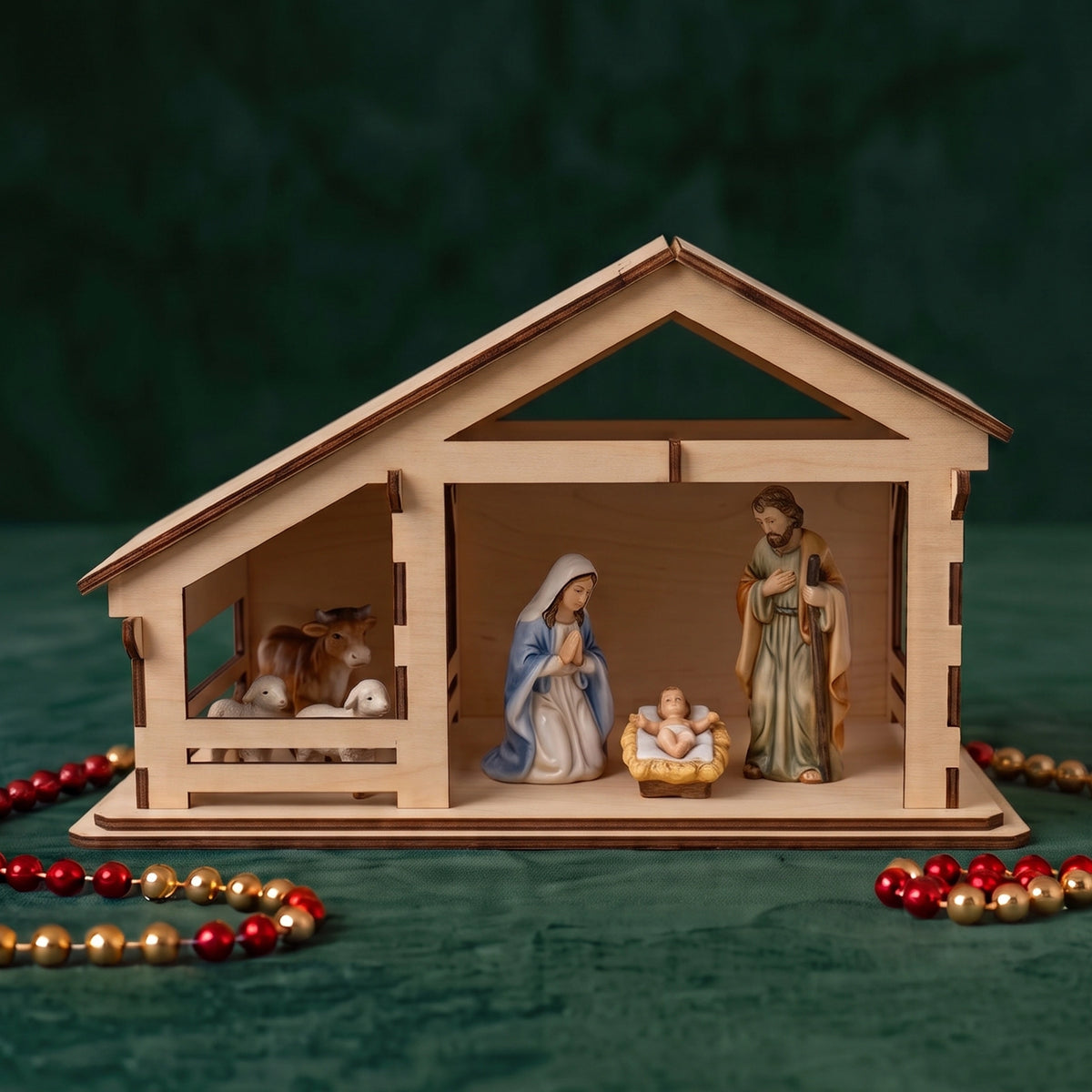 Front view of laser cut plywood nativity barn with holy family figurines and beaded garland on green.