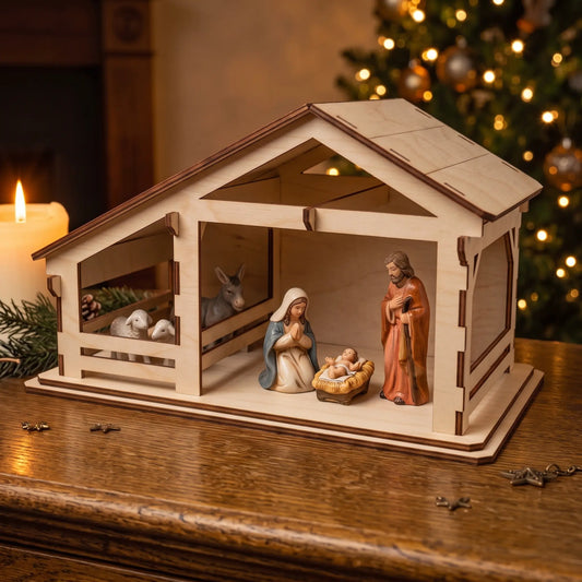Side view of laser cut plywood nativity stable with ceramic figurines on wooden table by candle light.
