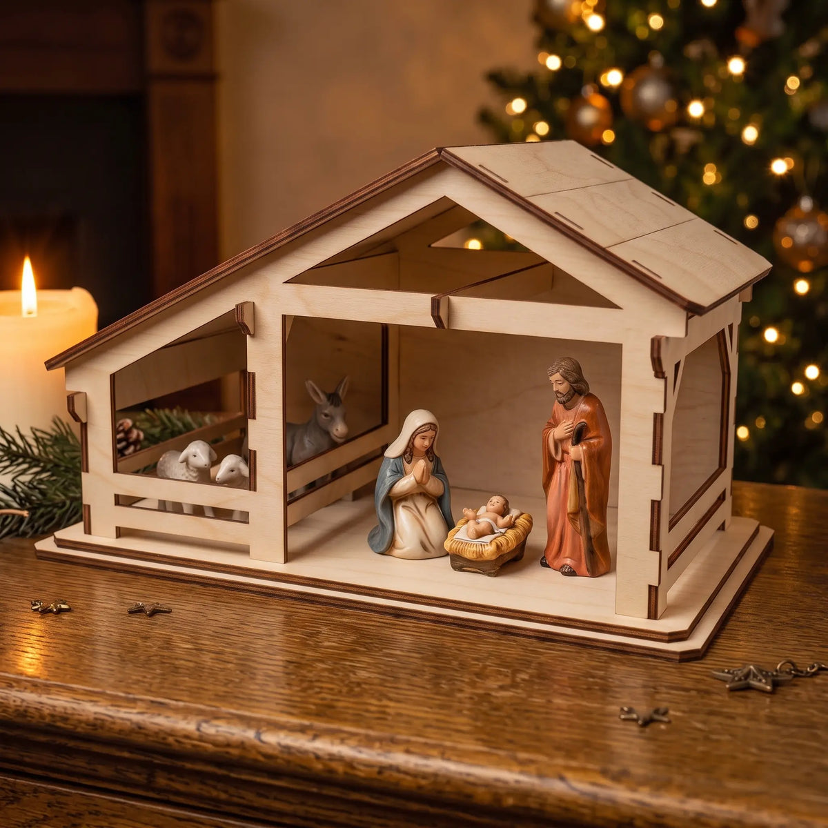 Side view of laser cut plywood nativity stable with ceramic figurines on wooden table by candle light.