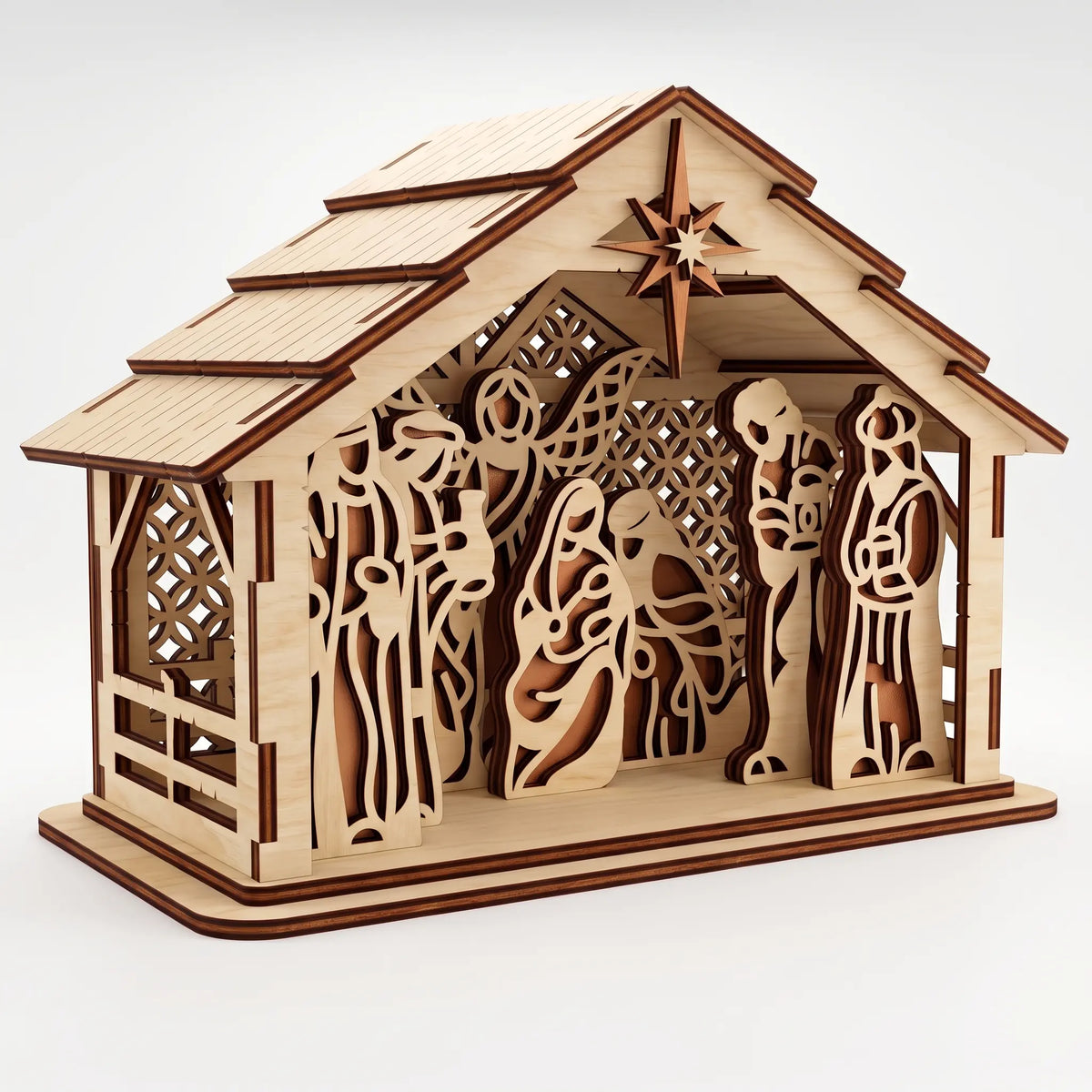 Angled perspective of layered laser cut plywood Christmas nativity stable on pure white background.