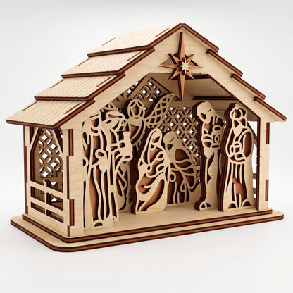 Angled perspective of layered laser cut plywood Christmas nativity stable on pure white background.