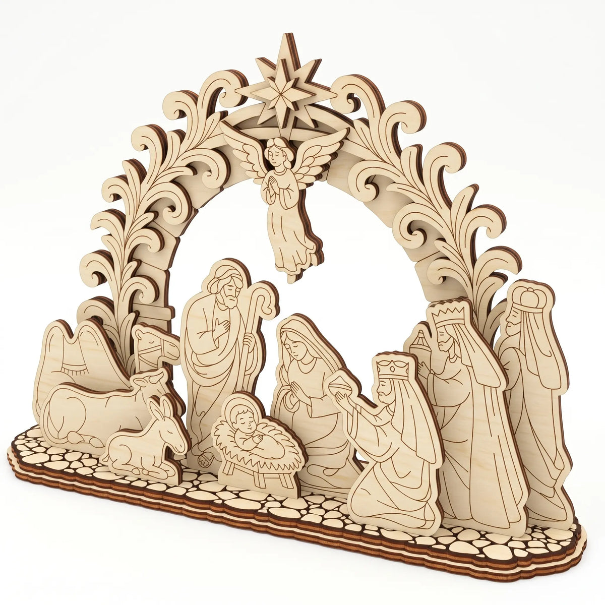 Perspective shot of a laser cut plywood nativity arch with three wise men and holy family on white surface.