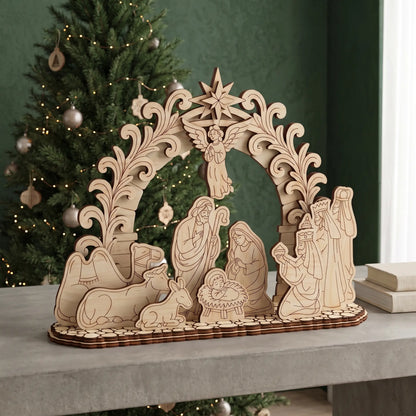 Laser cut plywood nativity scene schwibbogen on a table with Christmas tree and festive bokeh background.