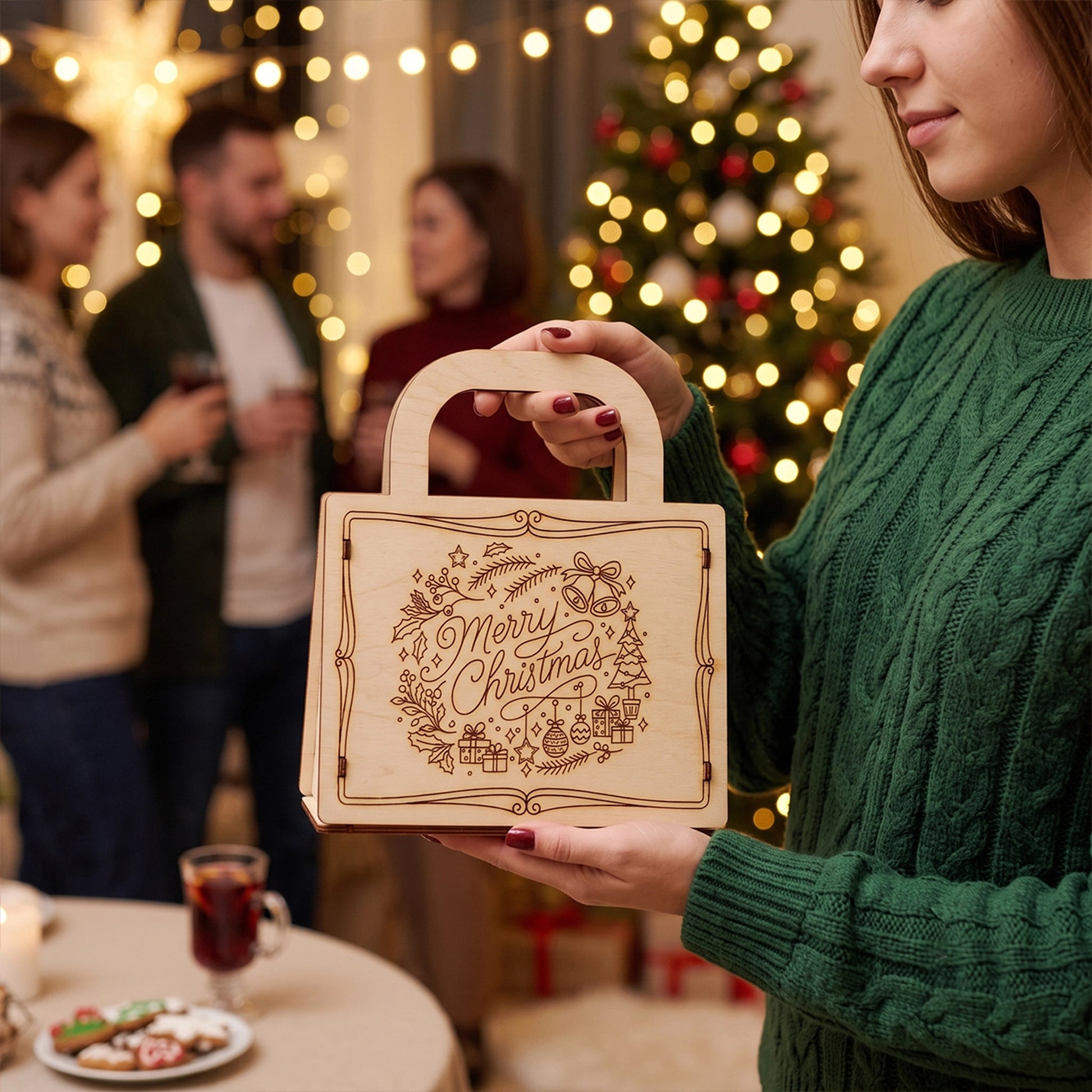 Woman in a green sweater holding a laser cut plywood Christmas gift bag in a festive holiday home setting