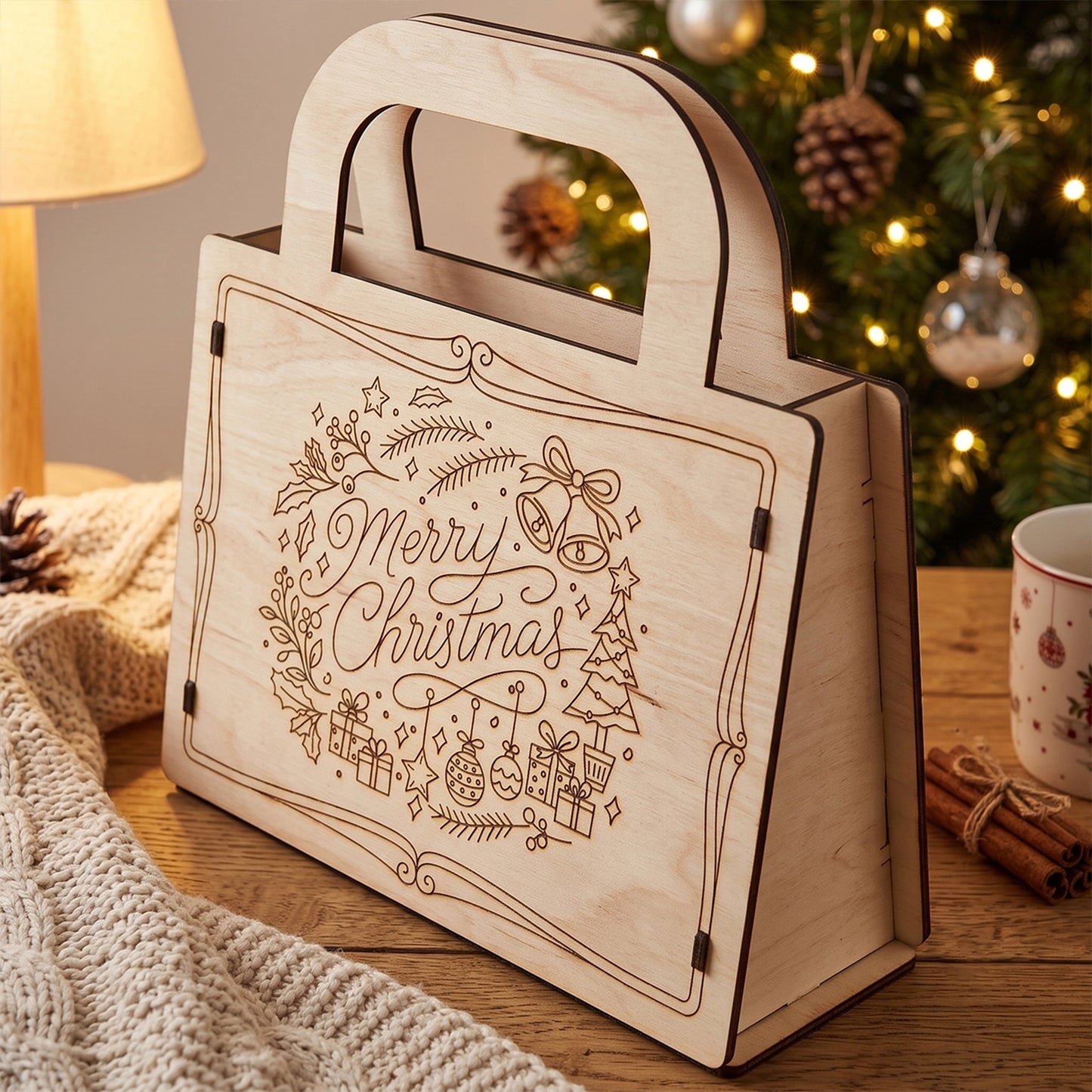 Laser cut plywood Christmas gift box on a wooden table next to a cozy knit blanket and holiday decorations