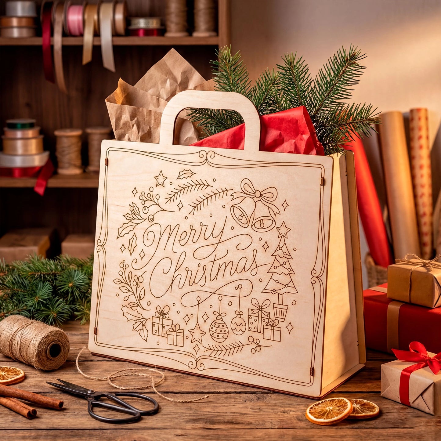 Laser cut Christmas bag with festive design on a wooden table with gift wrapping materials.