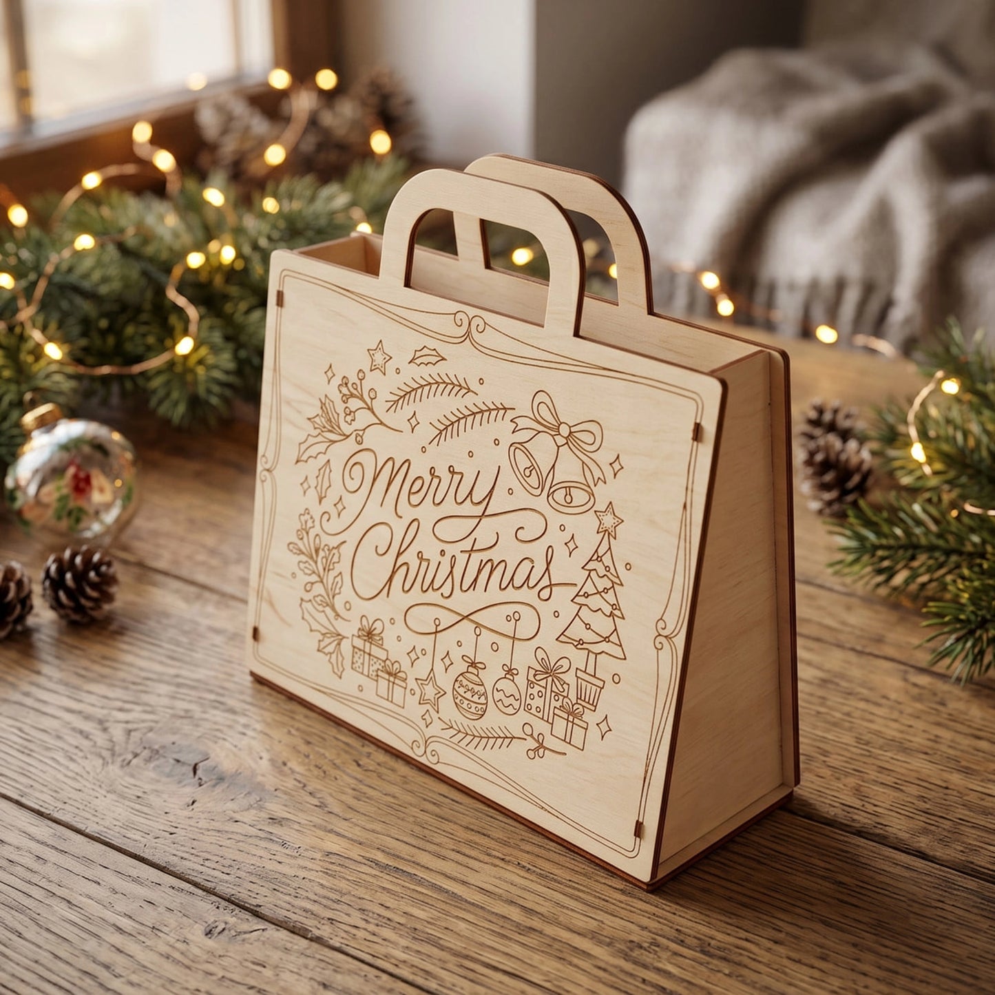 A laser cut plywood gift bag with a "Merry Christmas" message is displayed on a wooden table, surrounded by Christmas decorations such as pine cones and a glass ornament.