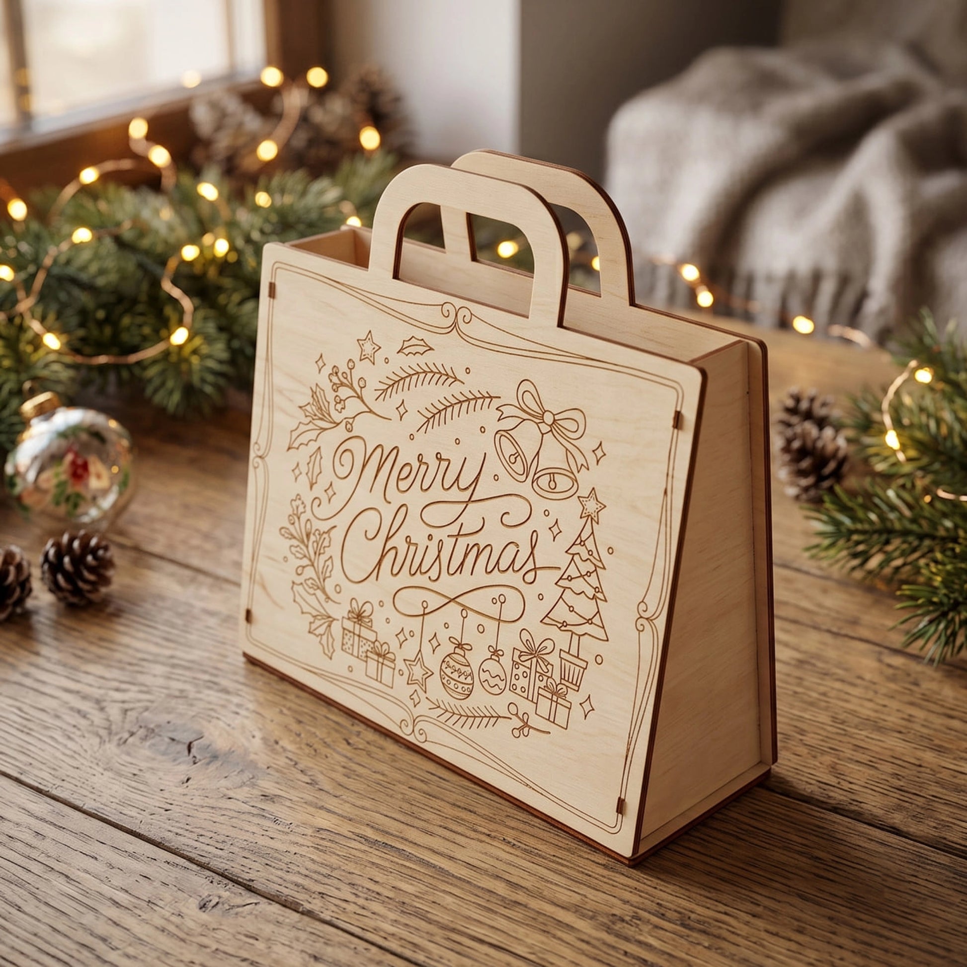 A laser cut plywood gift bag with a "Merry Christmas" message is displayed on a wooden table, surrounded by Christmas decorations such as pine cones and a glass ornament.