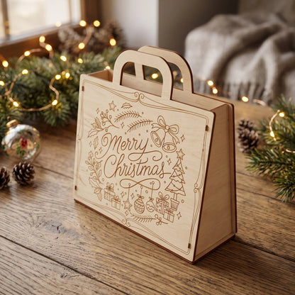 A laser cut plywood gift bag with a "Merry Christmas" message is displayed on a wooden table, surrounded by Christmas decorations such as pine cones and a glass ornament.