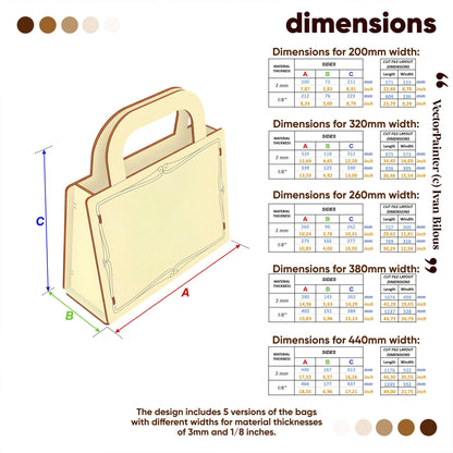 Dimensions chart for laser cut plywood Christmas gift bag. Shows various width options for 3mm and 1/8 inch materials."