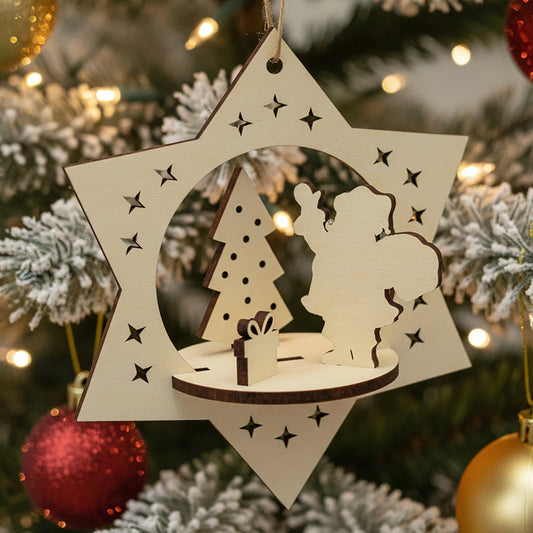 Laser cut wooden Christmas Santa toy featuring a layered Santa Claus placing gifts under a tree inside a star frame with cut-out stars, displayed against a snowy Christmas tree with ornaments background.