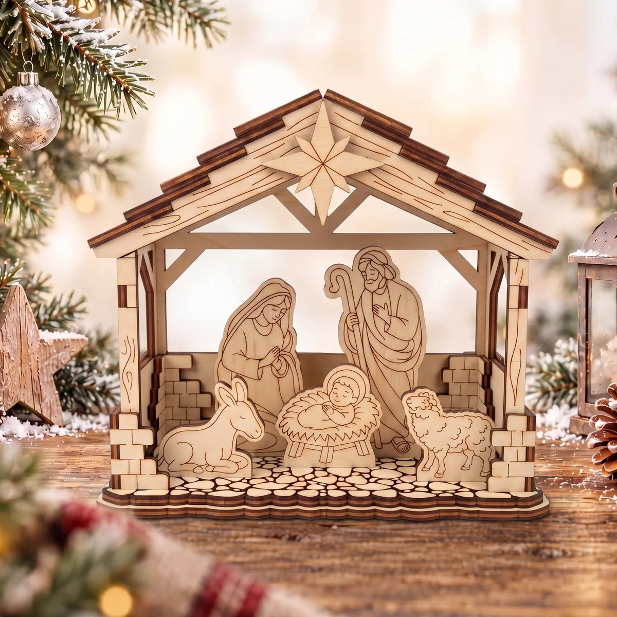 Laser cut plywood Nativity scene with Holy Family figures on snowy table near Christmas pine branches and candle lantern.