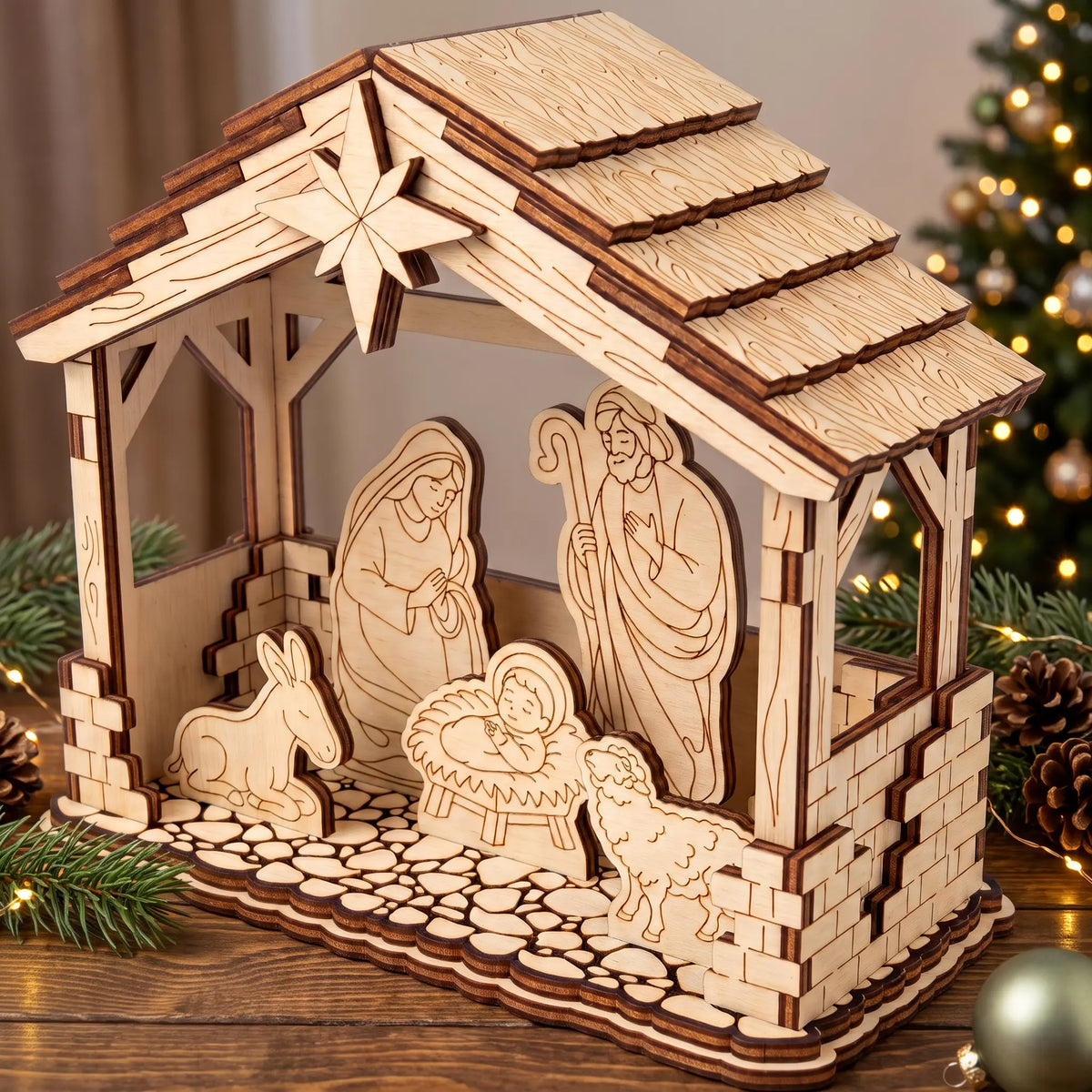 Perspective view of 3D laser cut plywood Nativity stable scene with Holy Family figures on table with pine cones and lights.