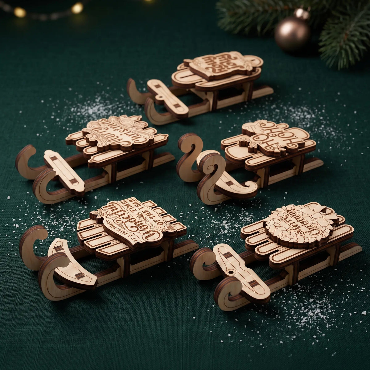 Five personalized wooden laser cut Christmas sled ornaments arranged on a dark green textured surface with scattered white faux snow. Each sledding has laser-engraved names and holiday messages, with pine branches and a gold ornament visible in the festive background.