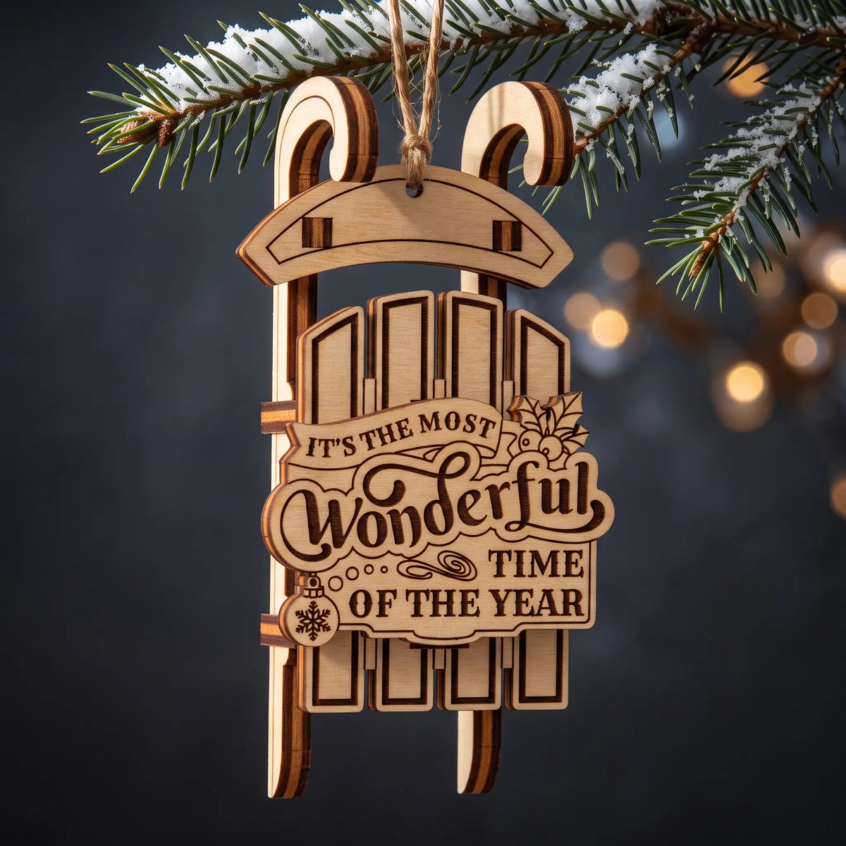 A wooden laser cut sledding ornament hanging from a pine branch, with the engraved text 'IT'S THE MOST Wonderful TIME OF THE YEAR' on a dark blurred background with warm bokeh lights.