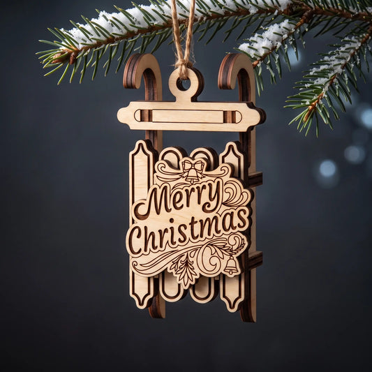 A wooden laser cut Christmas ornament shaped like a sleigh, hanging from a snowy pine branch. The ornament is made of light natural wood with engraved 'Merry Christmas' lettering and decorative scrollwork, set against a dark, blurred background.
