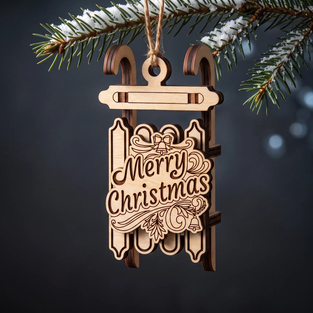 A wooden laser cut Christmas ornament shaped like a sleigh, hanging from a snowy pine branch. The ornament is made of light natural wood with engraved 'Merry Christmas' lettering and decorative scrollwork, set against a dark, blurred background.